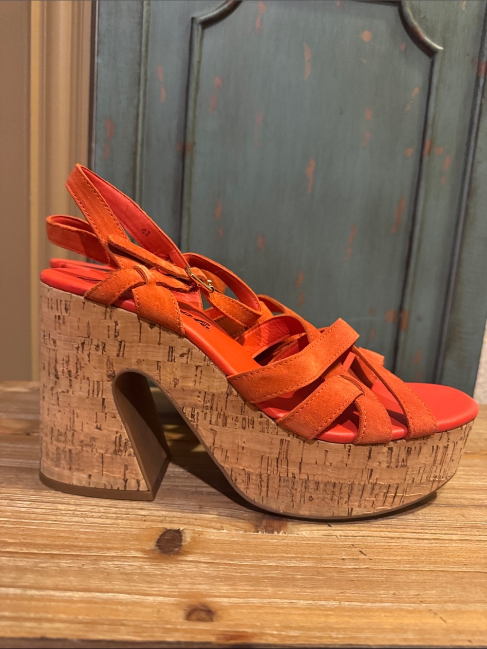 Free People Orange Suede Cork Platform Slingbacks